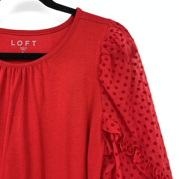 LOFT Long Sleeve Blouse Ruffle Polka Dot Sleeves Womens Size Small Red - Picture 3 of 6